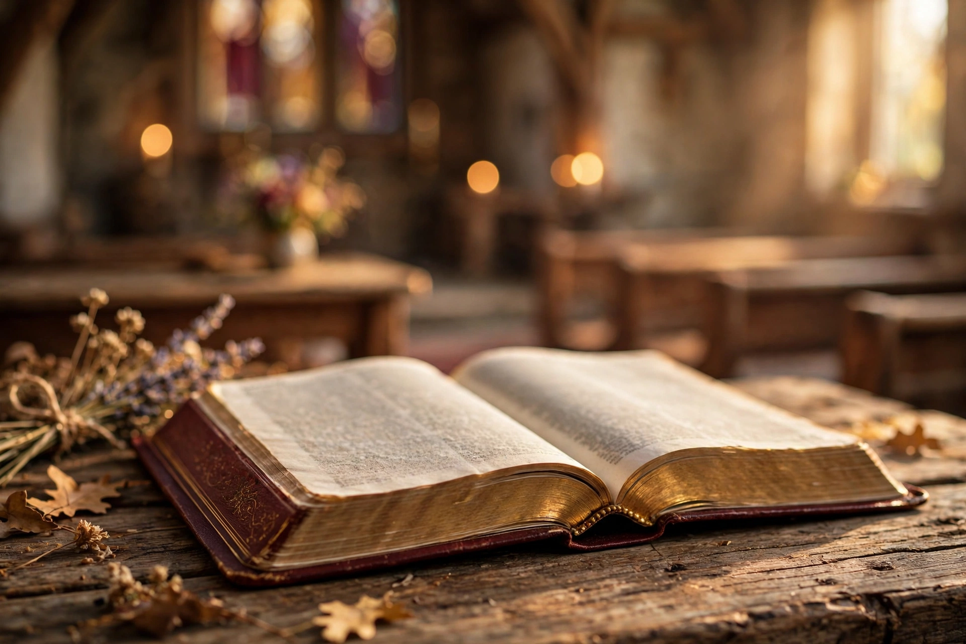 An open Bible on a wooden table in warm light inside a church